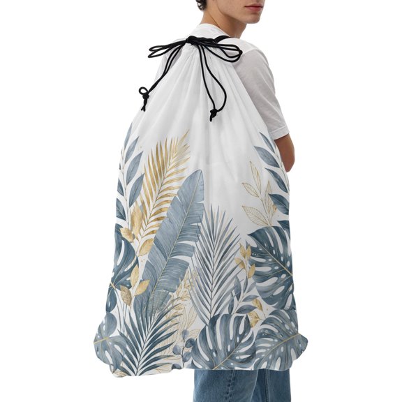 Laundry Bag Blue Golden Palm Leaves Mesh Wash Bags Dirty Clothes Organizer with Drawstring Washing Machine Packable Storage Bag Coastal Monstera Leaf Travel Laundry Bags for Delicates College Dorm