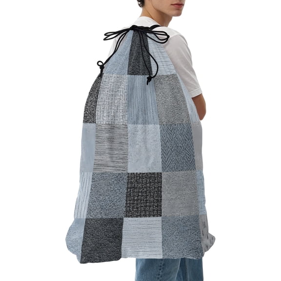 Laundry Bag Blue Linen Squares Mesh Wash Bags Dirty Clothes Organizer with Drawstring Washing Machine Packable Storage Bag Boho Woven Fabric Travel Laundry Bags for Delicates College Dorm Apartment