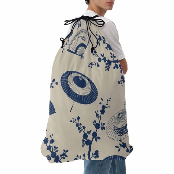Laundry Bag Blue Paper Fan Mesh Wash Bags Dirty Clothes Organizer with Drawstring Washing Machine Packable Storage Bag Cherry Blossom Branch Japanese Style Travel Laundry Bags for Delicates Dorm