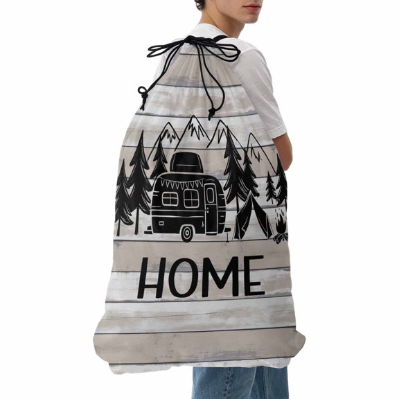 Laundry Bag Camper Forest Mesh Wash Bags Dirty Clothes Organizer with Drawstring Washing Machine Packable Storage Bag Pine Trees Mountain Wood Grain Home Travel Laundry Bags for Delicates Dorm
