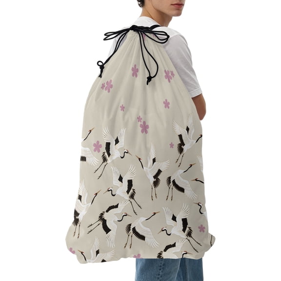 Laundry Bag Cherry Blossom Crane Mesh Wash Bags Dirty Clothes Organizer with Drawstring Washing Machine Packable Storage Bag Japanese Style Beige Travel Laundry Bags for Delicates College Dorm