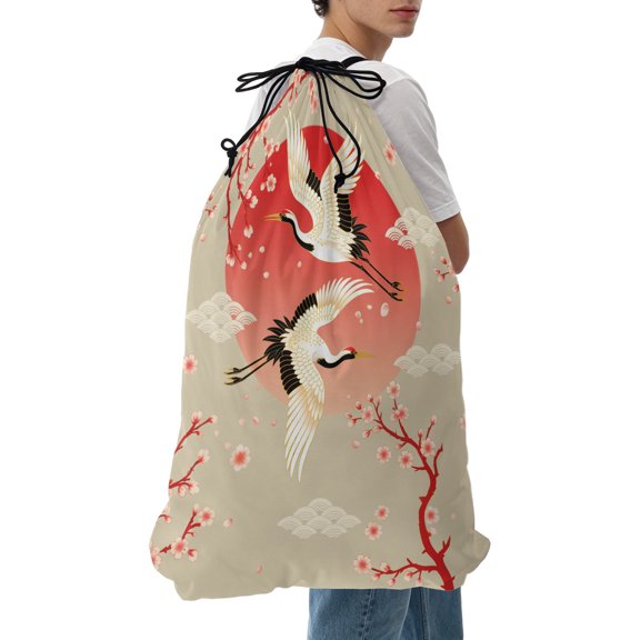 Laundry Bag Cherry Blossom Crane Mesh Wash Bags Dirty Clothes Organizer with Drawstring Washing Machine Packable Storage Bag Japanese Style Cloud Travel Laundry Bags for Delicates College Dorm