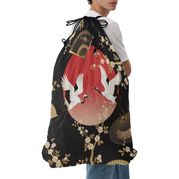 Laundry Bag Cherry Blossom Crane Mesh Wash Bags Dirty Clothes Organizer with Drawstring Washing Machine Packable Storage Bag Paper Fan Japanese Style Travel Laundry Bags for Delicates College Dorm