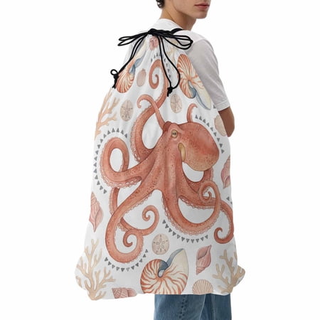 Laundry Bag Coastal Coral Octopus Mesh Wash Bags Dirty Clothes Organizer with Drawstring Washing Machine Packable Storage Bag Ocean Shell Conch Travel Laundry Bags for Delicates College Dorm