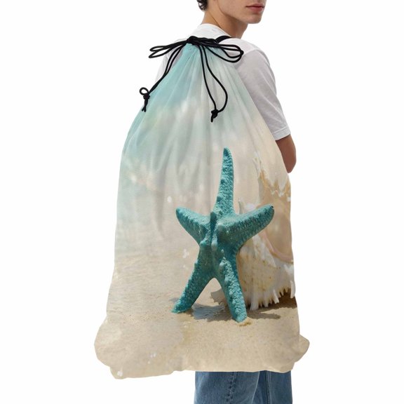 Laundry Bag Coastal Starfish Shells Mesh Wash Bags Dirty Clothes Organizer with Drawstring Washing Machine Packable Storage Bag Summer Beach Travel Laundry Bags for Delicates College Dorm Apartment