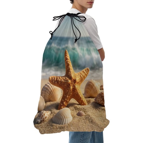 Laundry Bag Coastal Starfish Shells Mesh Wash Bags Dirty Clothes Organizer with Drawstring Washing Machine Packable Storage Bag Summer Sandy Beach Travel Laundry Bags for Delicates College Dorm