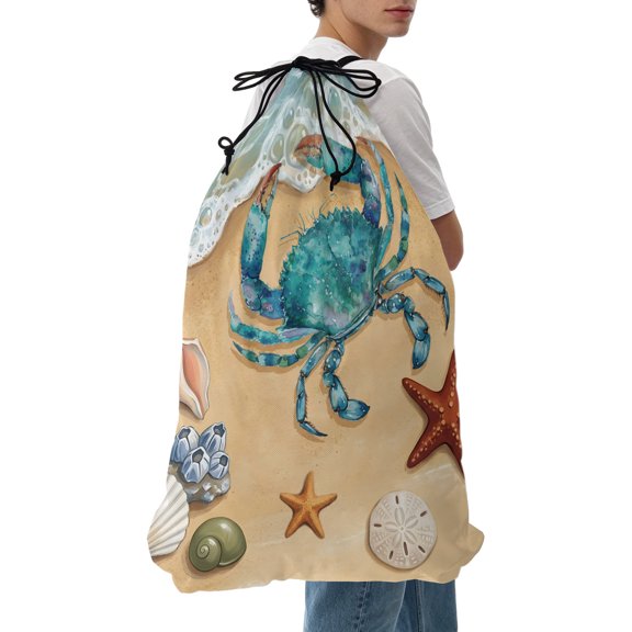 Laundry Bag Coastal Teal Crab Mesh Wash Bags Dirty Clothes Organizer with Drawstring Washing Machine Packable Storage Bag Starfish Shell Sandy Beach Travel Laundry Bags for Delicates College Dorm