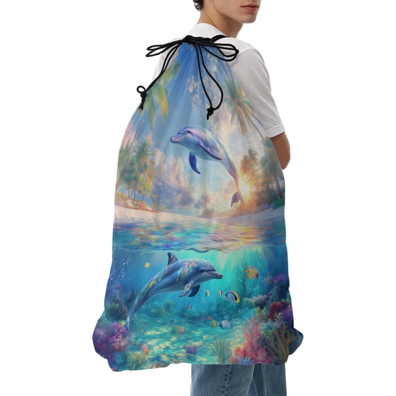 Laundry Bag Dolphin Mesh Wash Bags Dirty Clothes Organizer with Drawstring Washing Machine Packable Storage Bag Ocean Animal Tropical Coconut Travel Laundry Bags for Delicates College Dorm Apartment
