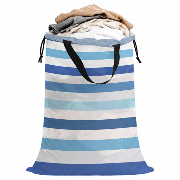 Laundry Bag with Handles Blue Stripes Large Laundry Hamper Bag for Dirty Clothes Ocean Beach Laundry Basket Storage Bag for Bedroom Dorm Apartment 25"x38"