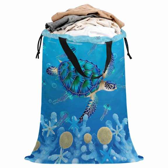 Laundry Bag with Handles Coastal Sea Turtles Large Laundry Hamper Bag for Dirty Clothes Summer Oceans Beach Jellyfish Corals Starfish Laundry Basket Storage Bag for Bedroom Dorm Apartment 25"x38"