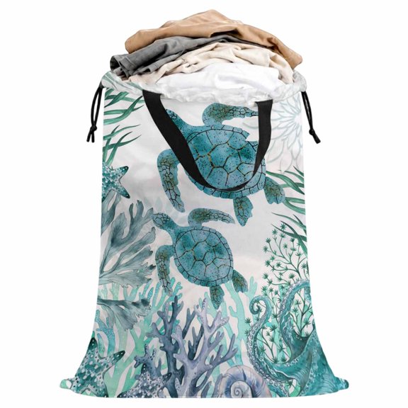 Laundry Bag with Handles Coastal Teal Blue Turtles Large Laundry Hamper Bag for Dirty Clothes Summer Ocean Beach Corals Starfish Laundry Basket Storage Bag for Bedroom Dorm Apartment 25"x38"