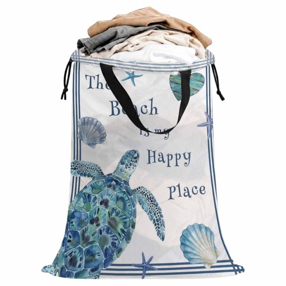 Laundry Bag with Handles Coastal Watercolor Sea Turtle Large Laundry Hamper Bag for Dirty Clothes Summer Ocean Shells Beach Laundry Basket Storage Bag for Bedroom Dorm Apartment 25"x38"
