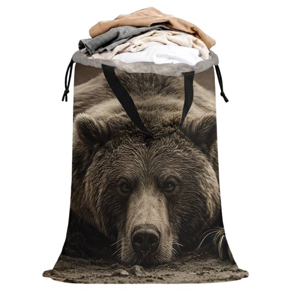 Laundry Bag with Handles Farmhouse Bear Large Laundry Hamper Bag for Dirty Clothes Nature Forest Brown Black Gray Laundry Basket Storage Bag for Bedroom Dorm Apartment 25"x38"