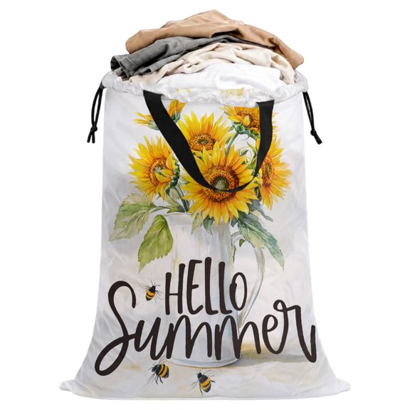 Laundry Bag with Handles Hello Summer Large Laundry Hamper Bag for Dirty Clothes Country Sunflower Laundry Basket Storage Bag for Bedroom Dorm Apartment 25"x38"
