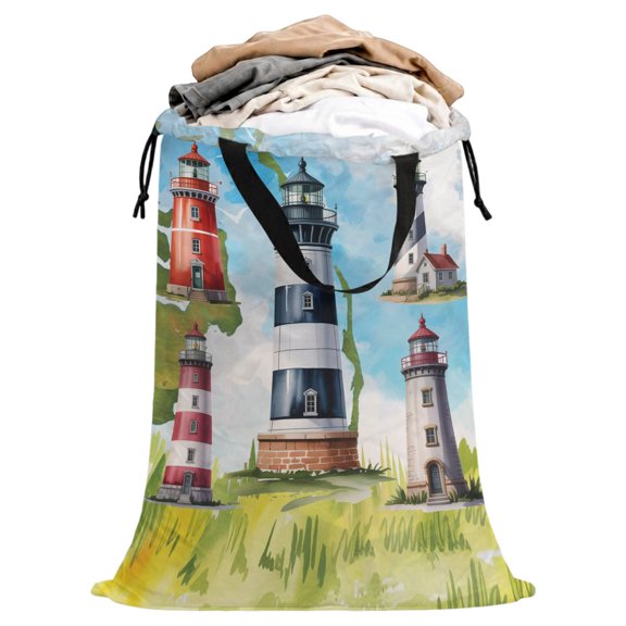 Laundry Bag with Handles Lighthouse Large Laundry Hamper Bag for Dirty Clothes Summer Beach Laundry Basket Storage Bag for Bedroom Dorm Apartment 25"x38"