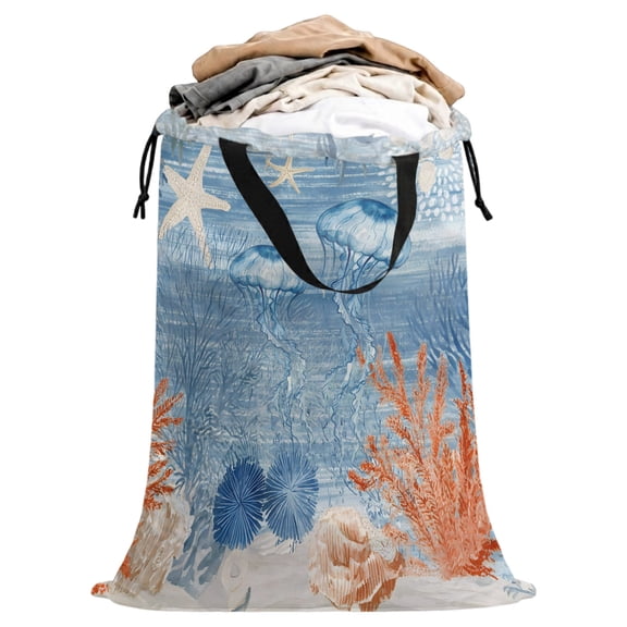 Laundry Bag with Handles Ocean Coastal Large Laundry Hamper Bag for Dirty Clothes Boho Beach Jellyfish Corals Starfish Blue Laundry Basket Storage Bag for Bedroom Dorm Apartment 25"x38"