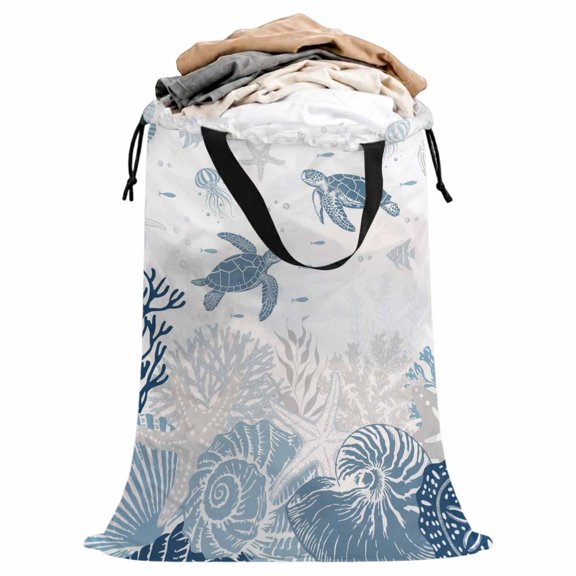 Laundry Bag with Handles Ocean Coastal Large Laundry Hamper Bag for Dirty Clothes Marine Life Turtles Starfish Shells Corals White Laundry Basket Storage Bag for Bedroom Dorm Apartment 25"x38"