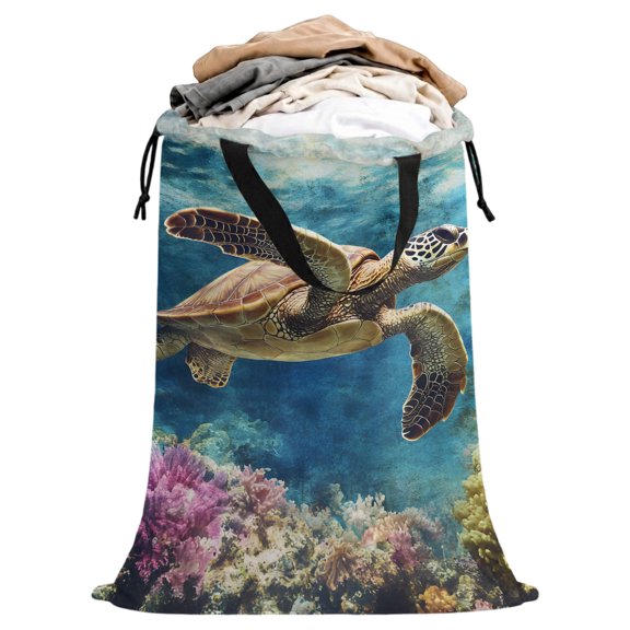 Laundry Bag with Handles Ocean Turtle Large Laundry Hamper Bag for Dirty Clothes Vintage Laundry Basket Storage Bag for Bedroom Dorm Apartment 25"x38"
