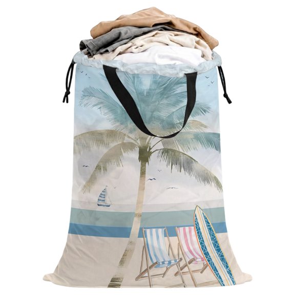 Laundry Bag with Handles Palm Trees Large Laundry Hamper Bag for Dirty Clothes Canoeing Sandy Beach Laundry Basket Storage Bag for Bedroom Dorm Apartment 25"x38"