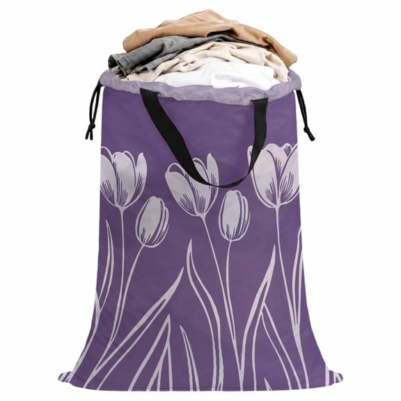 Laundry Bag with Handles Purple Tulip Flowers Large Laundry Hamper Bag for Dirty Clothes Floral Plant Laundry Basket Storage Bag for Bedroom Dorm Apartment 25"x38"