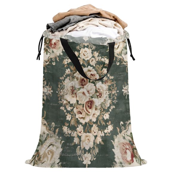 Laundry Bag with Handles Rustic Floral Large Laundry Hamper Bag for Dirty Clothes Vintage Traditional Accent Laundry Basket Storage Bag for Bedroom Dorm Apartment 25"x38"