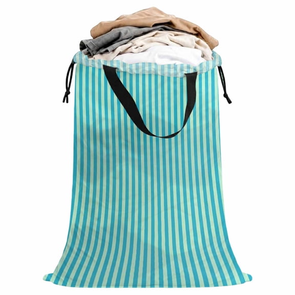 Laundry Bag with Handles Teal Stripes Large Laundry Hamper Bag for Dirty Clothes Summer Ocean Beach Laundry Basket Storage Bag for Bedroom Dorm Apartment 25"x38"