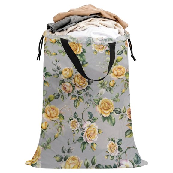 Laundry Bag with Handles Yellow Rose Large Laundry Hamper Bag for Dirty Clothes Leaf Floral Vintage Style Laundry Basket Storage Bag for Bedroom Dorm Apartment 25"x38"