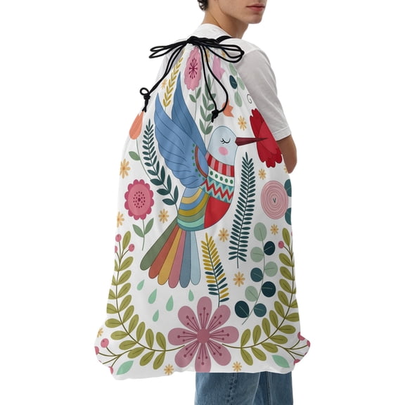 Laundry Bag Hummingbird Flower Mesh Wash Bags Dirty Clothes Organizer with Drawstring Washing Machine Packable Storage Bag Funny Bird Floral Leaves Travel Laundry Bags for Delicates College Dorm