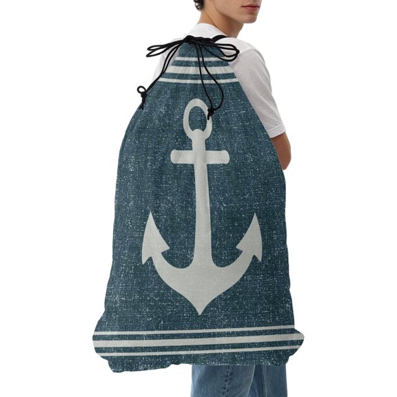 Laundry Bag Nautical Ship Anchor Mesh Wash Bags Dirty Clothes Organizer with Drawstring Washing Machine Packable Storage Bag Coastal Turquoise Linen Lines Travel Laundry Bags for Delicates Dorm