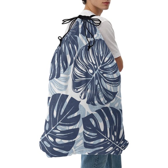 Laundry Bag Navy Blue Monstera Deliciosa Mesh Wash Bags Dirty Clothes Organizer with Drawstring Washing Machine Packable Storage Bag Tropical Palm Leaves Travel Laundry Bags for Delicates Dorm