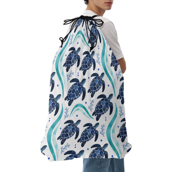 Laundry Bag Navy Blue Sea Turtle Mesh Wash Bags Dirty Clothes Organizer with Drawstring Washing Machine Packable Storage Bag Ocean Marine Life Travel Laundry Bags for Delicates College Dorm