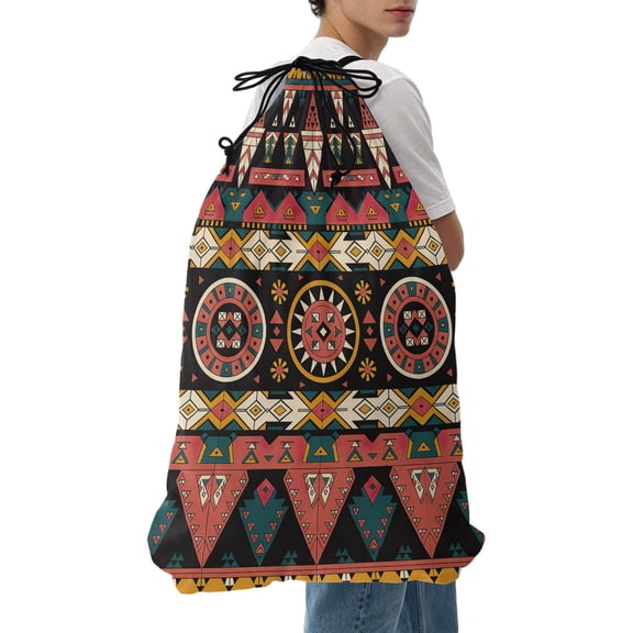 Laundry Bag Orange Aztec Boho Mesh Wash Bags Dirty Clothes Organizer with Drawstring Washing Machine Packable Storage Bag Tribal Geometric Pattern Travel Laundry Bags for Delicates College Dorm