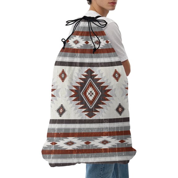 Laundry Bag Red Gray Boho Aztec Mesh Wash Bags Dirty Clothes Organizer with Drawstring Washing Machine Packable Storage Bag Southwest Tribal Geometric Travel Laundry Bags for Delicates College Dorm