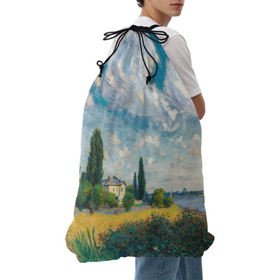 Laundry Bag Riverside Villa Mesh Wash Bags Dirty Clothes Organizer with Drawstring Washing Machine Packable Storage Bag Sky Cloud Wheat Field Oil Painting Travel Laundry Bags for Delicates Dorm