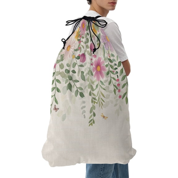 Laundry Bag Spring Floral Mesh Wash Bags Dirty Clothes Organizer with Drawstring Washing Machine Packable Storage Bag Daisy Eucalyptus Leaves Linen Travel Laundry Bags for Delicates College Dorm