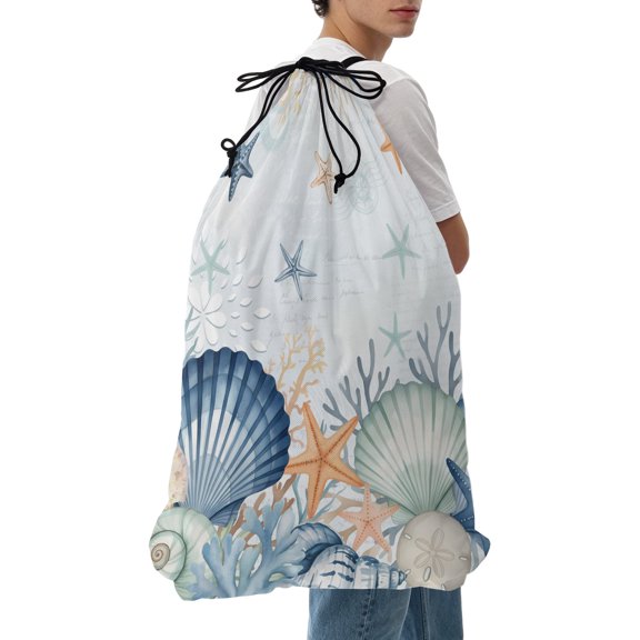 Laundry Bag Starfish Shell Conch Mesh Wash Bags Dirty Clothes Organizer with Drawstring Washing Machine Packable Storage Bag Blue Ocean Coral Marine Life Travel Laundry Bags for Delicates Dorm