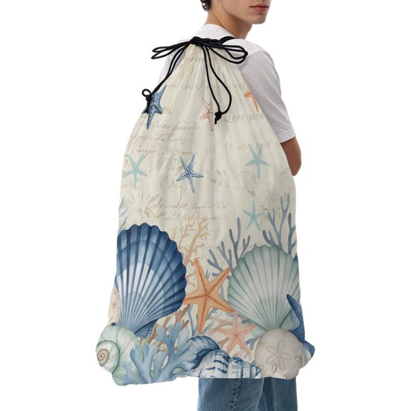 Laundry Bag Starfish Shell Conch Mesh Wash Bags Dirty Clothes Organizer with Drawstring Washing Machine Packable Storage Bag Ocean Coral Marine Life Beige Travel Laundry Bags for Delicates Dorm