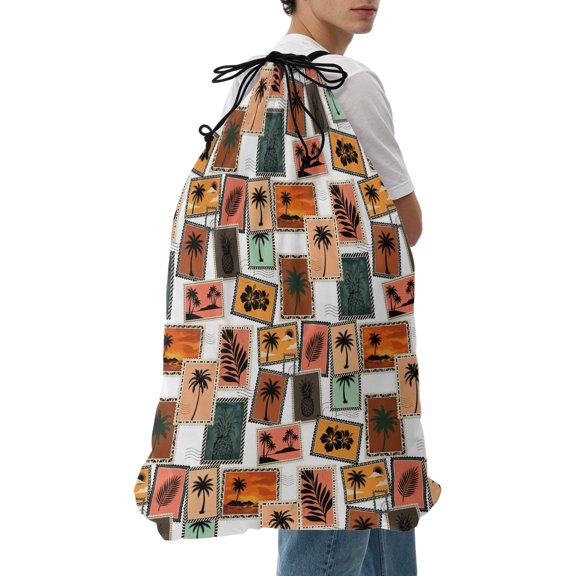 Laundry Bag Summer Beach Palm Tree Mesh Wash Bags Dirty Clothes Organizer with Drawstring Washing Machine Packable Storage Bag Tropical Orange Sunset Stamp Travel Laundry Bags for Delicates Dorm