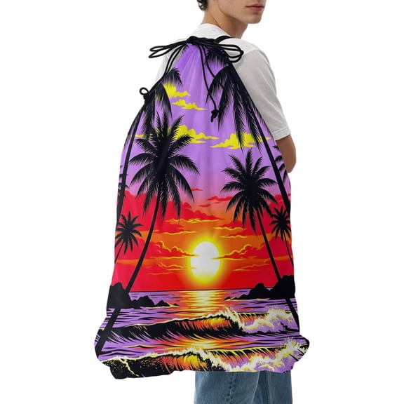 Laundry Bag Summer Beach Sunset Mesh Wash Bags Dirty Clothes Organizer with Drawstring Washing Machine Packable Storage Bag Coastal Tropical Palm Tree Travel Laundry Bags for Delicates College Dorm
