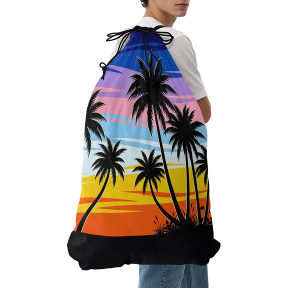 Laundry Bag Summer Beach Sunset Sky Mesh Wash Bags Dirty Clothes Organizer with Drawstring Washing Machine Packable Storage Bag Coastal Tropical Palm Tree Travel Laundry Bags for Delicates Dorm