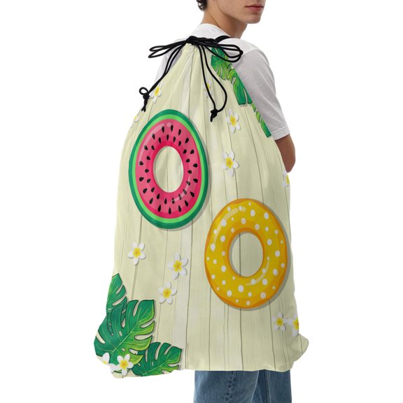 Laundry Bag Summer Beach Swimming Ring Mesh Wash Bags Dirty Clothes Organizer with Drawstring Washing Machine Packable Storage Bag Palm Leaves Yellow Wood Travel Laundry Bags for Delicates Dorm
