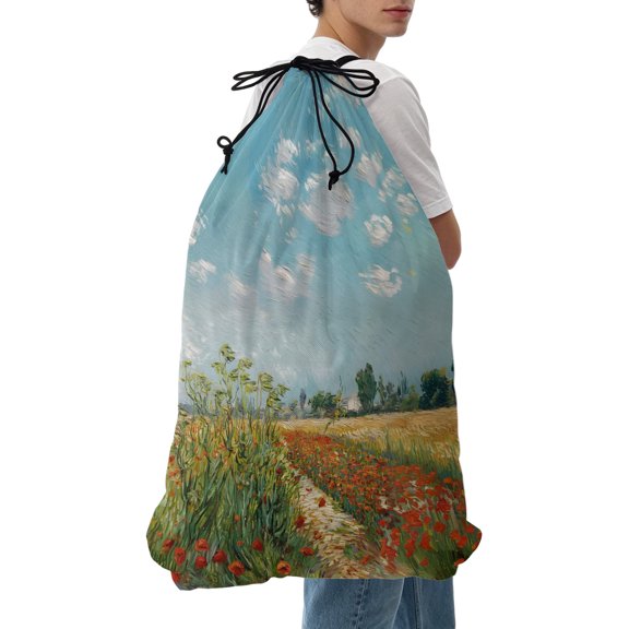 Laundry Bag Wildflower Field Mesh Wash Bags Dirty Clothes Organizer with Drawstring Washing Machine Packable Storage Bag Farmhouse Red Poppy Oil Painting Travel Laundry Bags for Delicates Dorm