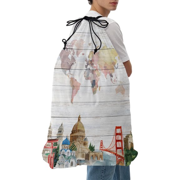 Laundry Bag World Map Mesh Wash Bags Dirty Clothes Organizer with Drawstring Washing Machine Packable Storage Bag Famous Building Tourism Bridge Wood Grain Travel Laundry Bags for Delicates Dorm