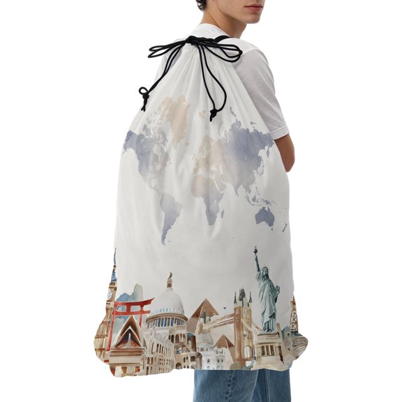 Laundry Bag World Map Mesh Wash Bags Dirty Clothes Organizer with Drawstring Washing Machine Packable Storage Bag Famous Building Tourism Landscape Travel Laundry Bags for Delicates College Dorm