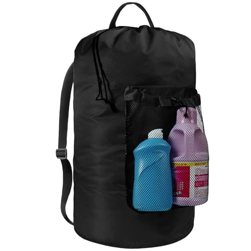 Laundry Bag with Shoulder Straps and Mesh Pocket Laundry Backpack Large Portable Laundry Hamper for College Laundromat Apartment (Black)