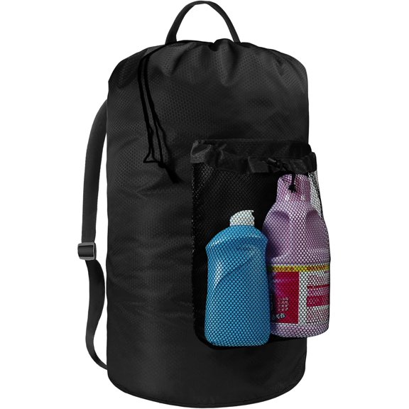 Laundry Bag with Shoulder Straps and Mesh Pocket Laundry Backpack Large Portable Laundry Hamper for College Travel, Laundromat, Apartment (Black)