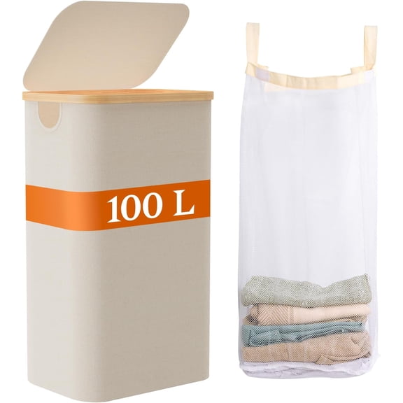 Laundry Baskest with Lid, 100L Large Tall Laundry Hamper with Removable Bag, Collapsible Laundry Hamper for , Bathroom, Dorm, Laundry Room, Beige