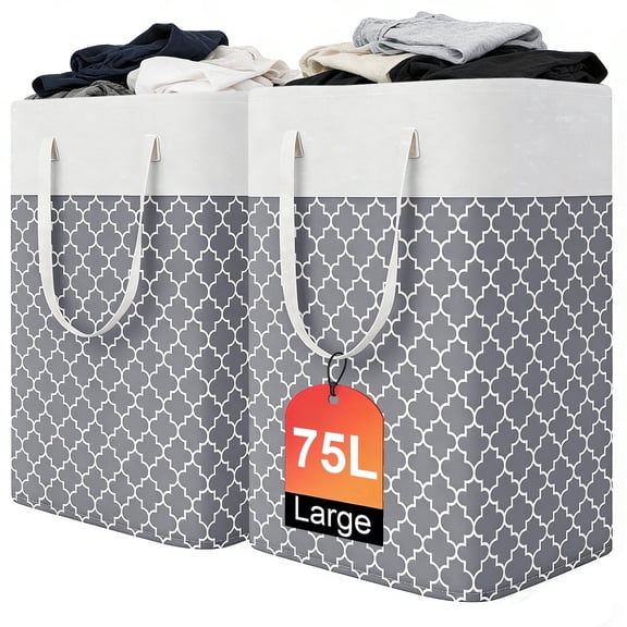 Lolsea Laundry Basket, 2-Pack 75L Large Collapsible Laundry Hamper, Waterproof Clothes Hamper with Long Handles in Laundry Room, College Dorm, Bathroom, Bedroom, Grey