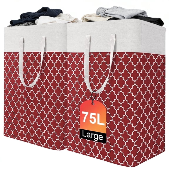Lolsea Laundry Basket, 2-Pack 75L Large Collapsible Laundry Hamper, Waterproof Clothes Hamper with Long Handles in Laundry Room, College Dorm, Bathroom, Bedroom, Red