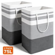 cisilov Laundry Baskets 2 Pack, Freestanding Hampers for Laundry, Large Collapsible Dirty Clothes Basket with Handles in Laundry Room, College Dorm, Bathroom, Bedroom, Grey